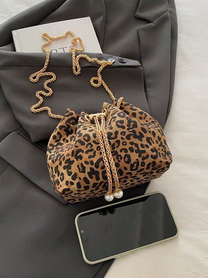Fashion Solid Color Hollow Out Woven Chain Drawstring Mini Crossbody Bucket Bag