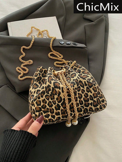 Fashion Solid Color Hollow Out Woven Chain Drawstring Mini Crossbody Bucket Bag