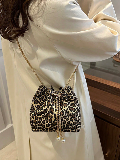 Fashion Solid Color Hollow Out Woven Chain Drawstring Mini Crossbody Bucket Bag