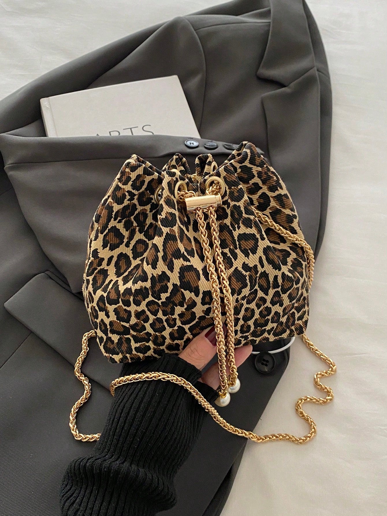 Fashion Solid Color Hollow Out Woven Chain Drawstring Mini Crossbody Bucket Bag