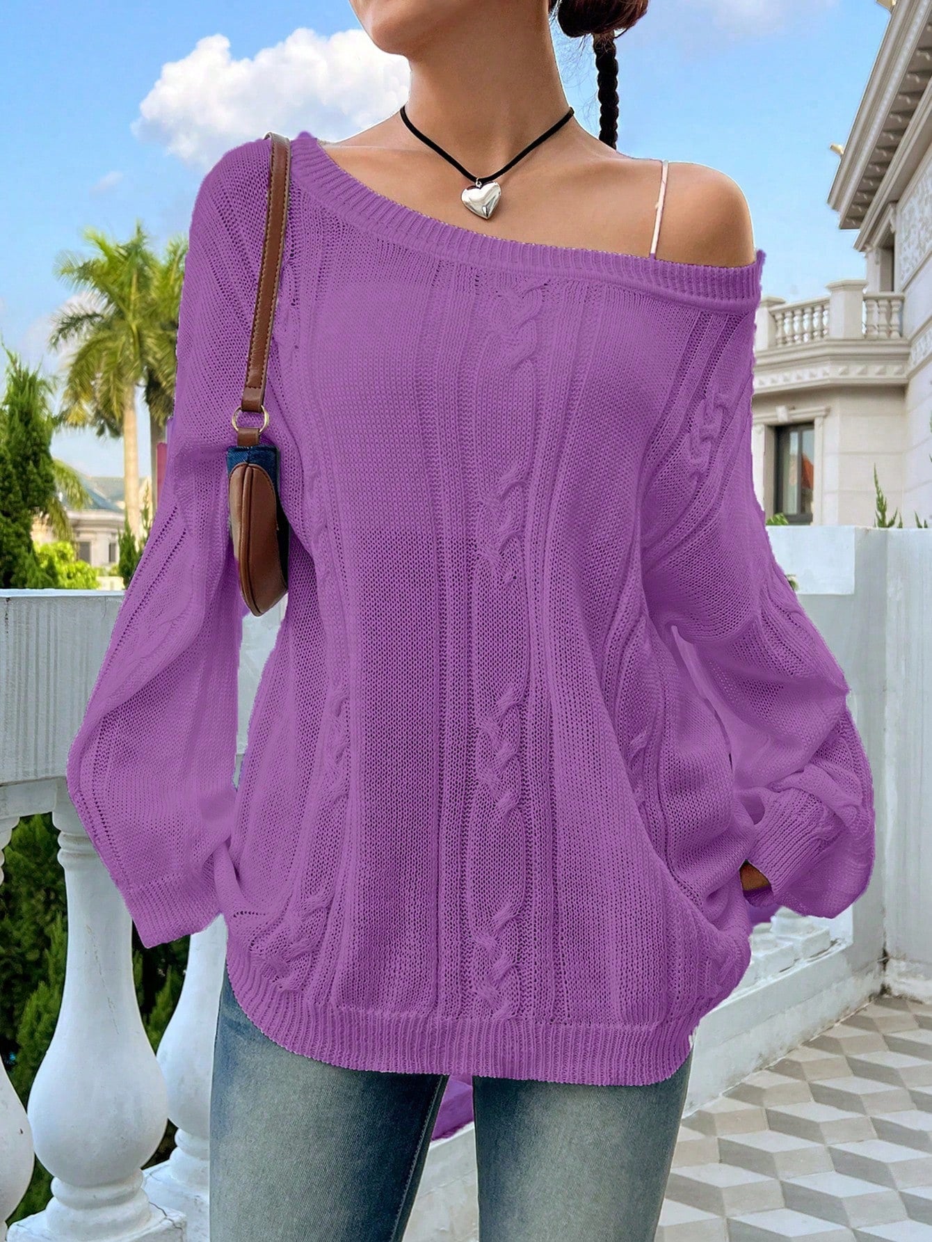 Flirla Casual Minimalist Solid Color Dropped Shoulder Loose Knit Sweater, Autumn/Winter Knit Pullover Fall Outfit