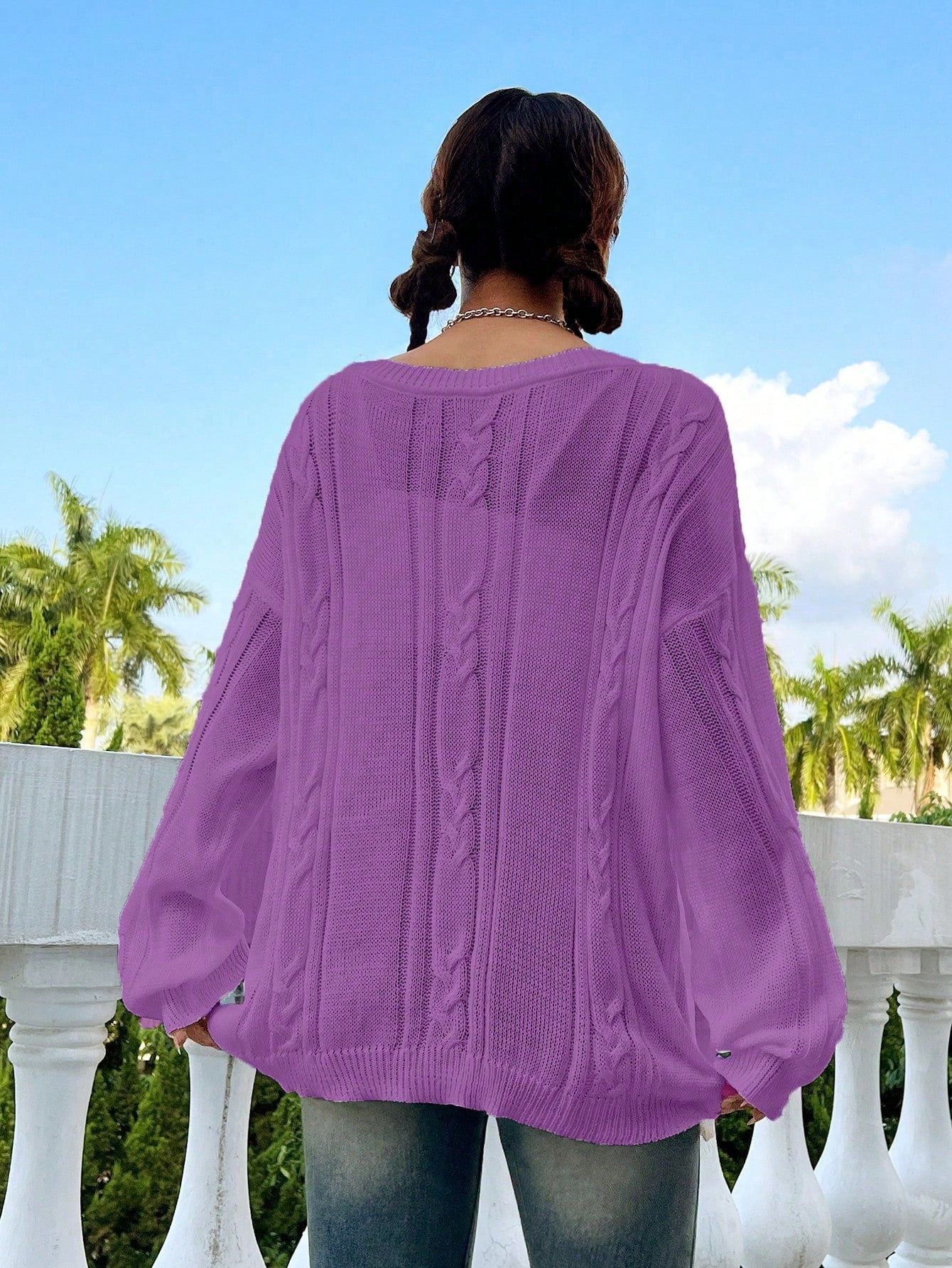 Flirla Casual Minimalist Solid Color Dropped Shoulder Loose Knit Sweater, Autumn/Winter Knit Pullover Fall Outfit