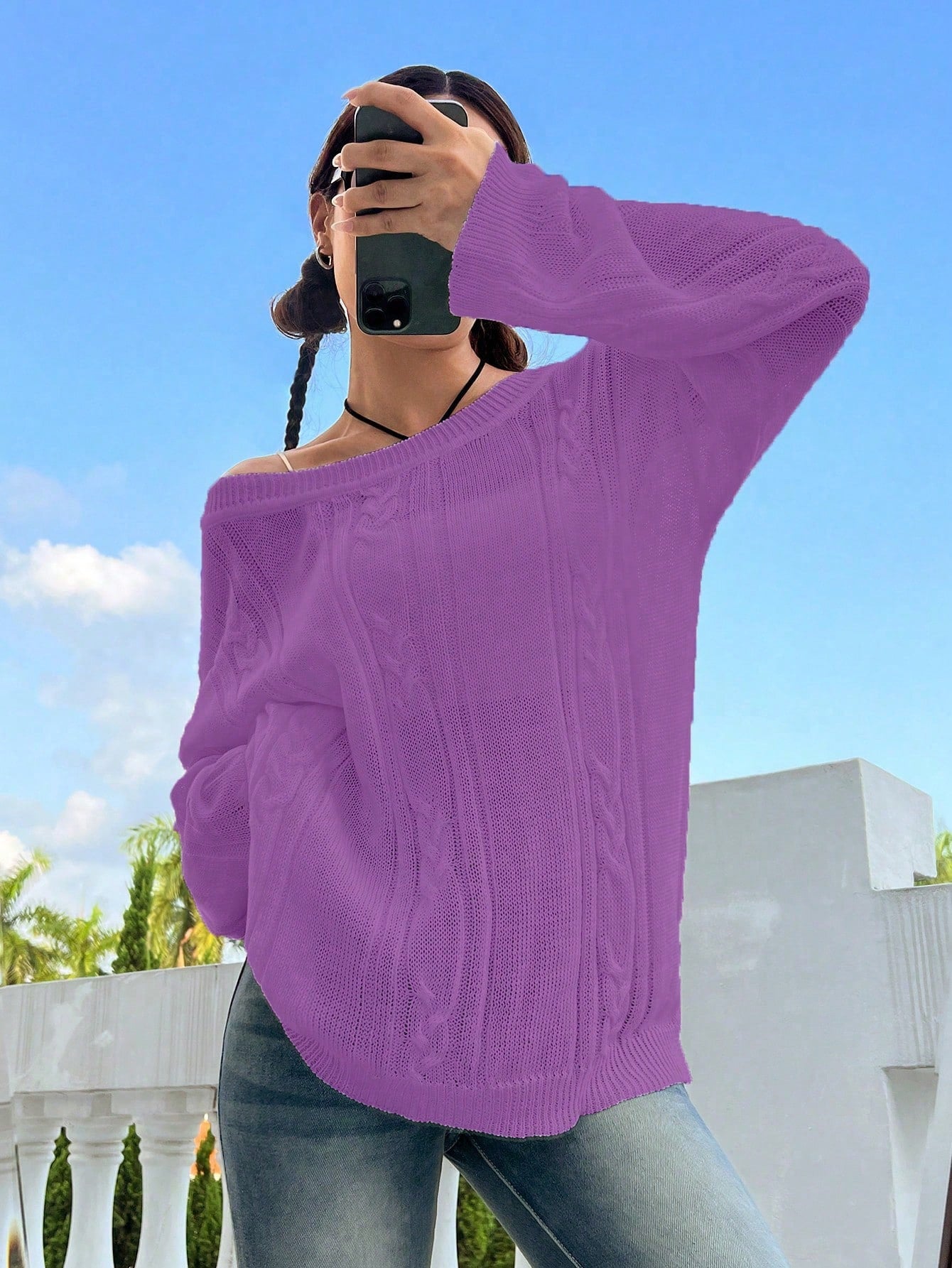 Flirla Casual Minimalist Solid Color Dropped Shoulder Loose Knit Sweater, Autumn/Winter Knit Pullover Fall Outfit