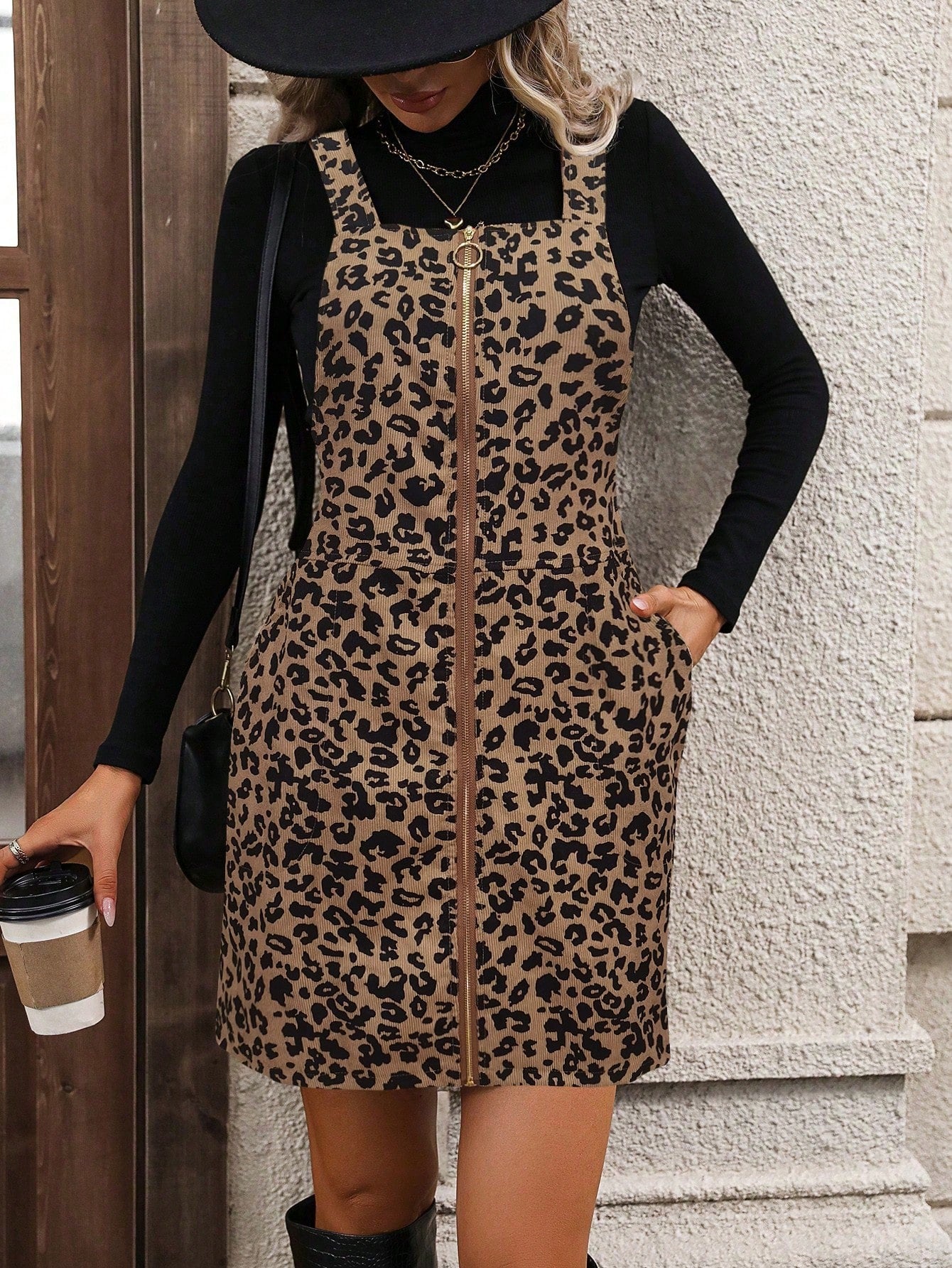 SHEIN LUNE O-ring Zip Up Corduroy Overall Dress