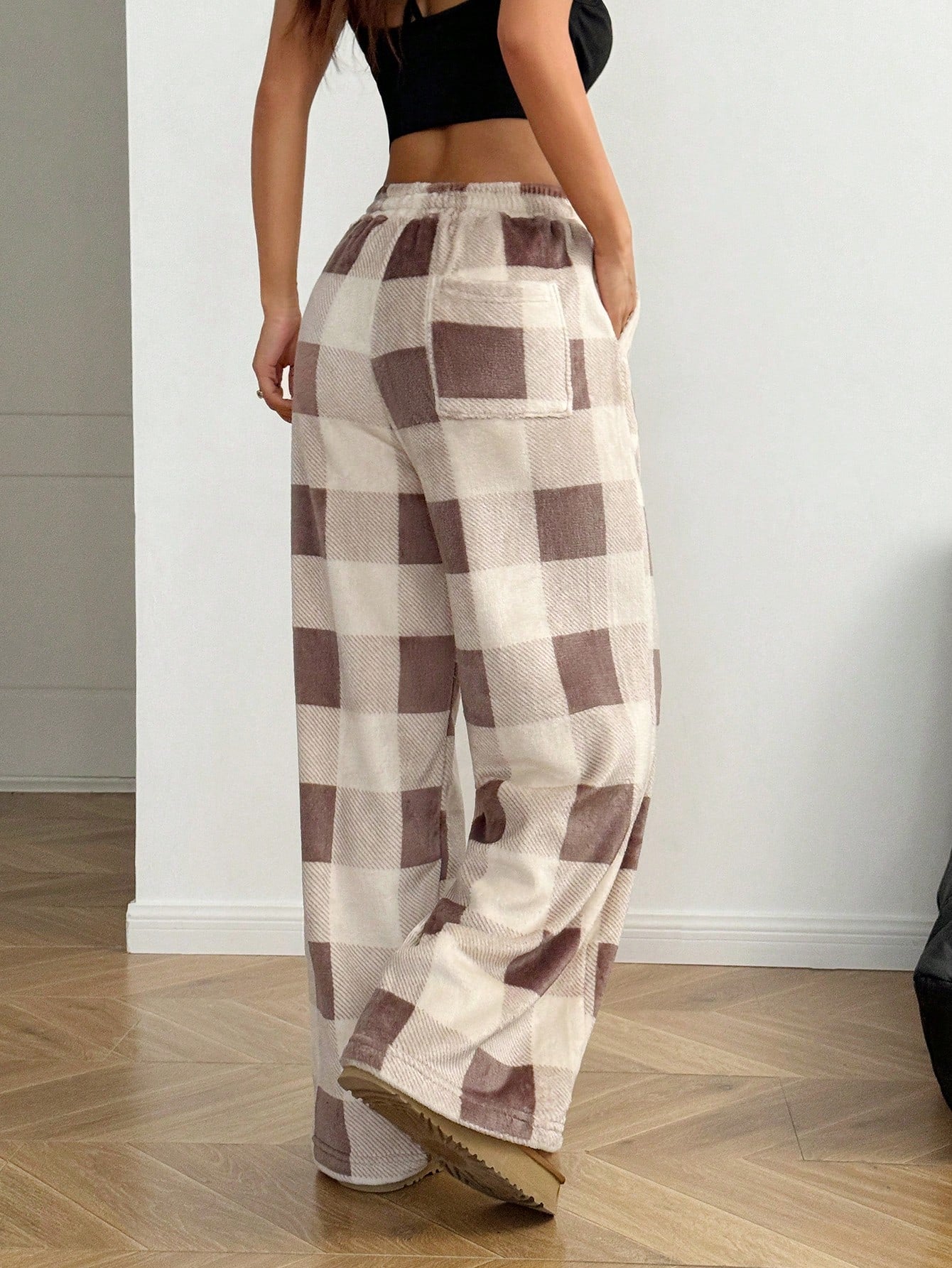 Coolane Women's Fall/Winter Streetwear Going Out Vintage Back To School Casual Front Tie Plaid Pocket Trousers With Fleece