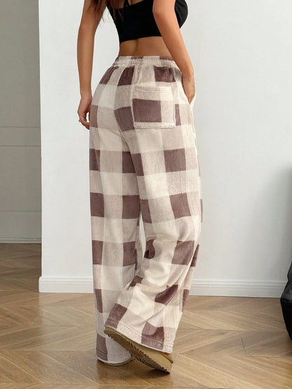 Coolane Women's Fall/Winter Streetwear Going Out Vintage Back To School Casual Front Tie Plaid Pocket Trousers With Fleece