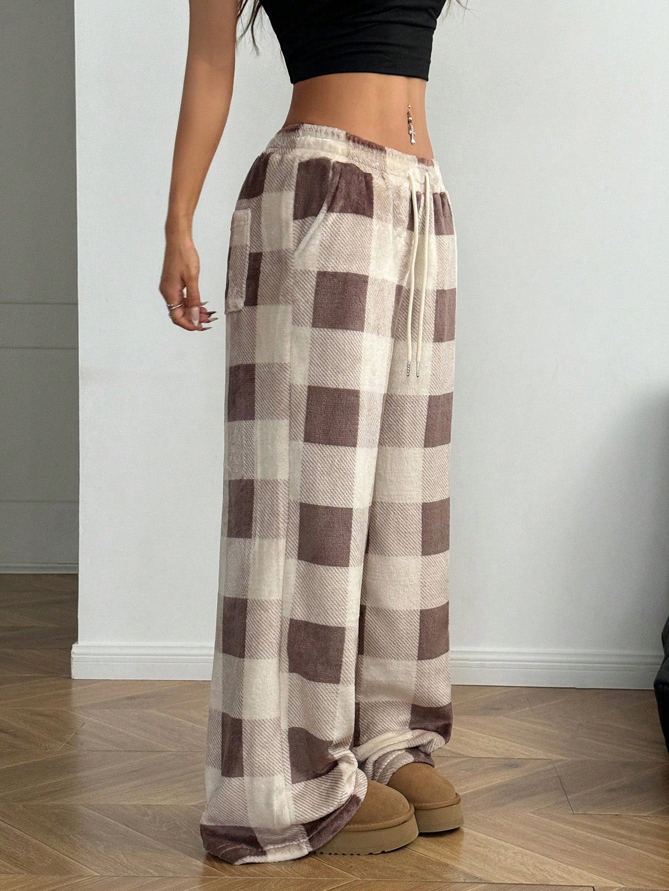 Coolane Women's Fall/Winter Streetwear Going Out Vintage Back To School Casual Front Tie Plaid Pocket Trousers With Fleece