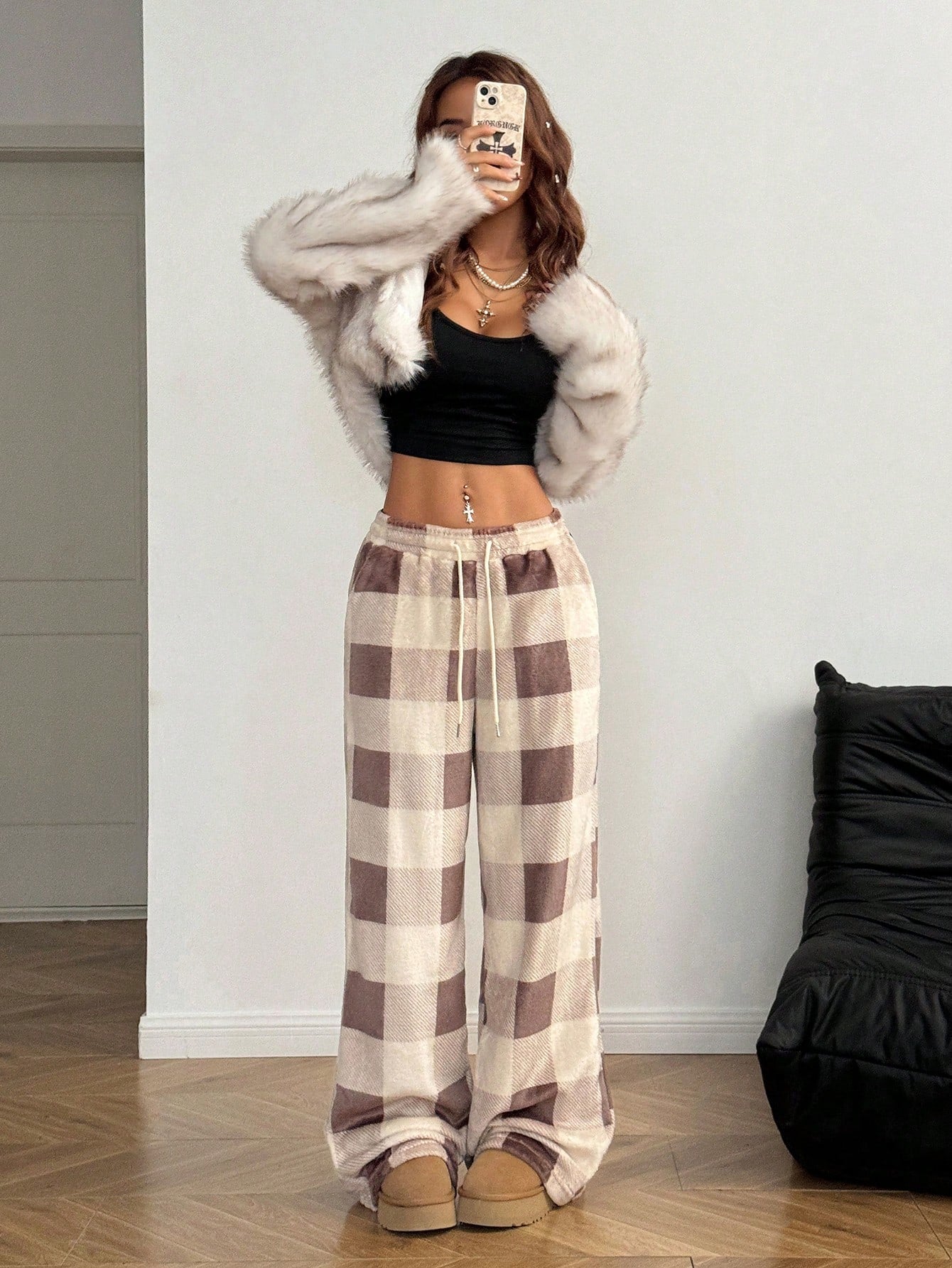 Coolane Women's Fall/Winter Streetwear Going Out Vintage Back To School Casual Front Tie Plaid Pocket Trousers With Fleece