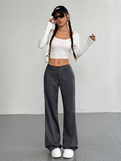 Flirla Women's Casual Striped Flare Pants, Versatile, Spring Autumn Fall Cloth For Women