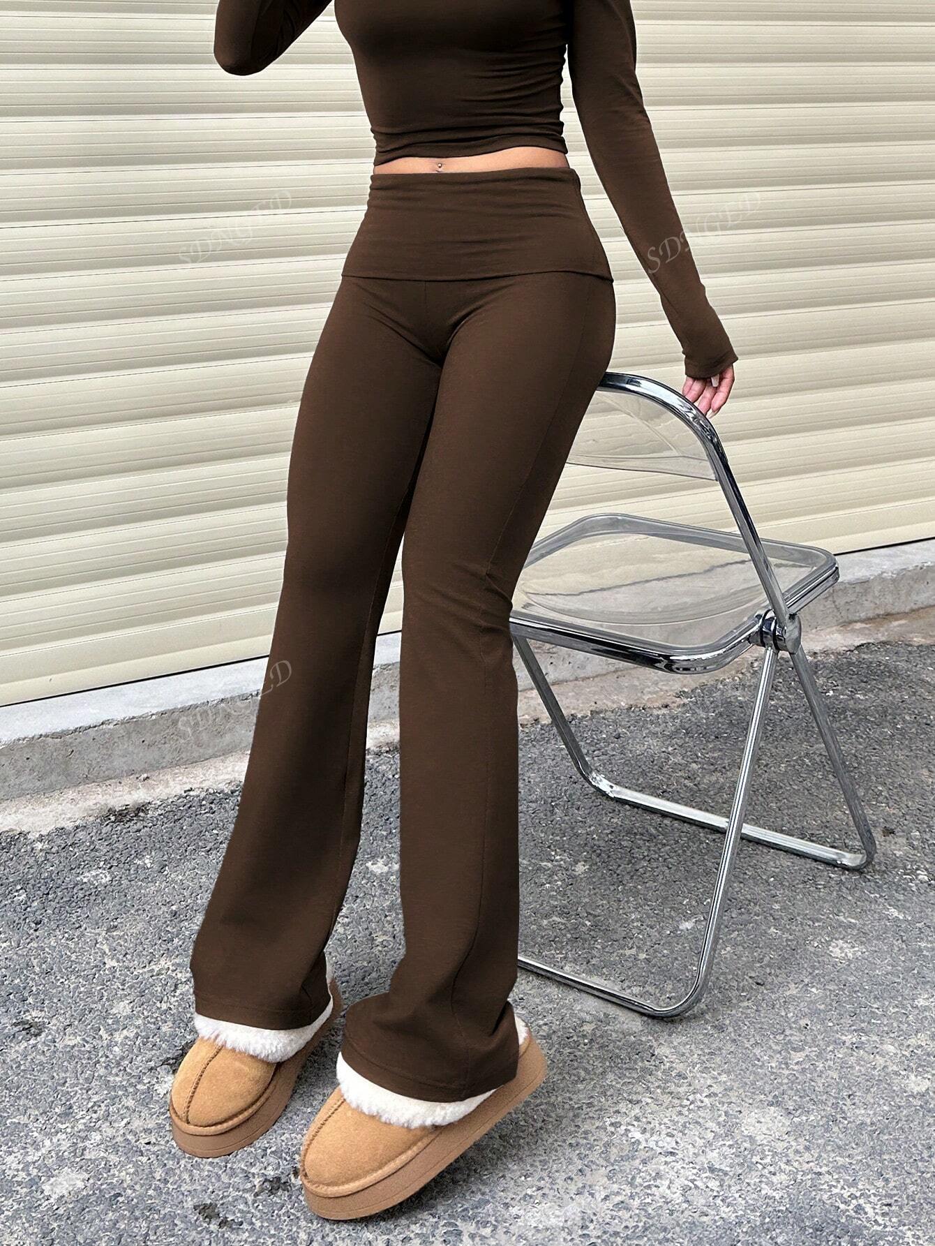 Women's Casual Solid Color Wide-Waist Flare Pants, Leggings Fold-Over Waist High Waist Ruched Slim Fit