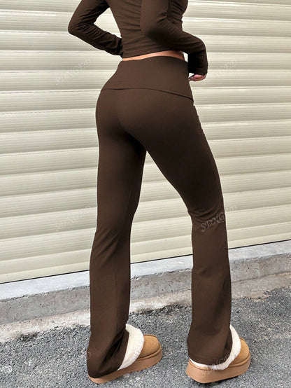 Women's Casual Solid Color Wide-Waist Flare Pants, Leggings Fold-Over Waist High Waist Ruched Slim Fit