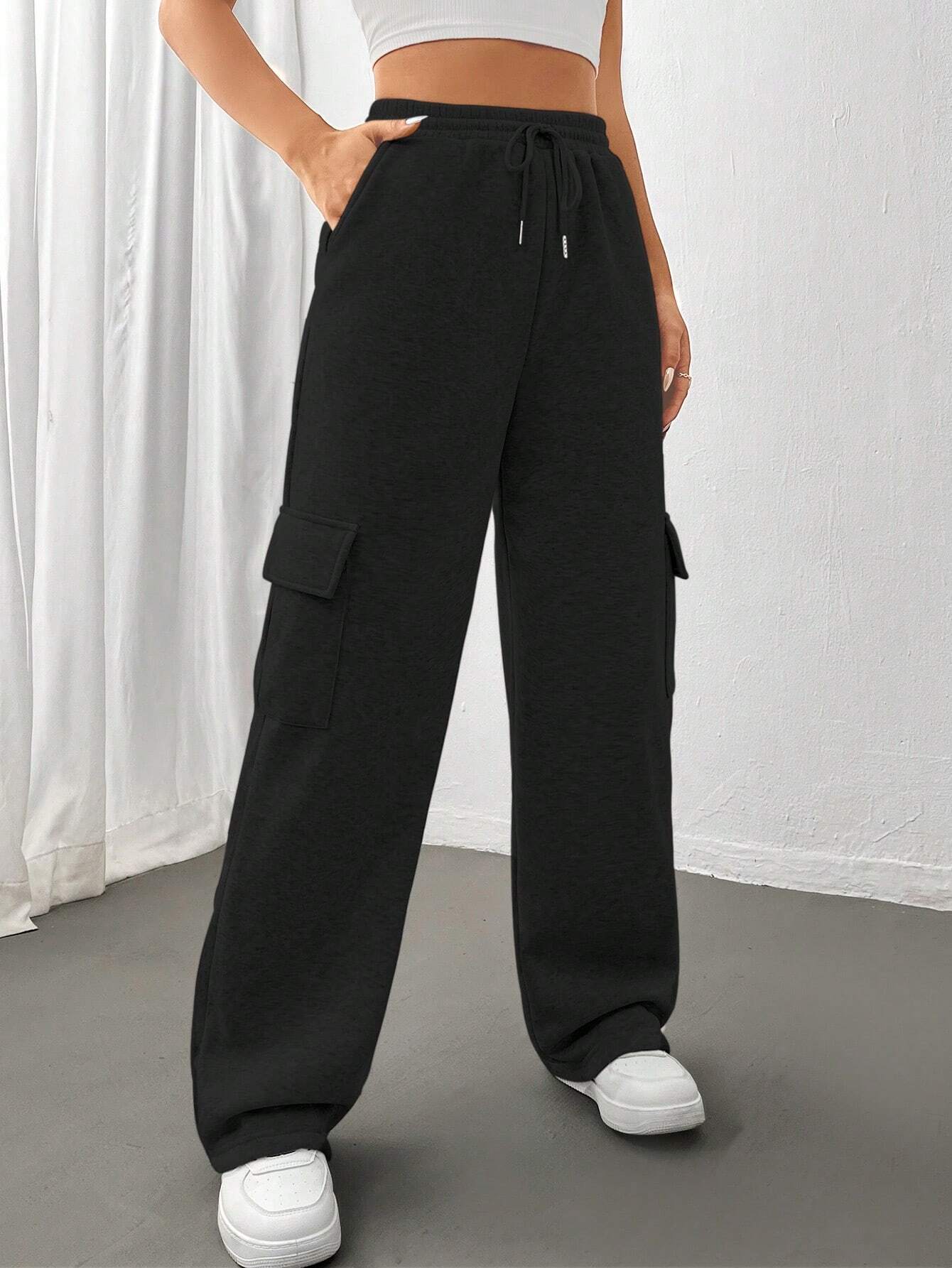 Flirla Flap Pocket Side Drawstring Waist Sweatpants Graduation,Back To School Outfits,Graduation,Teacher Outfits For Women,Back To School Fall Cloth For Women