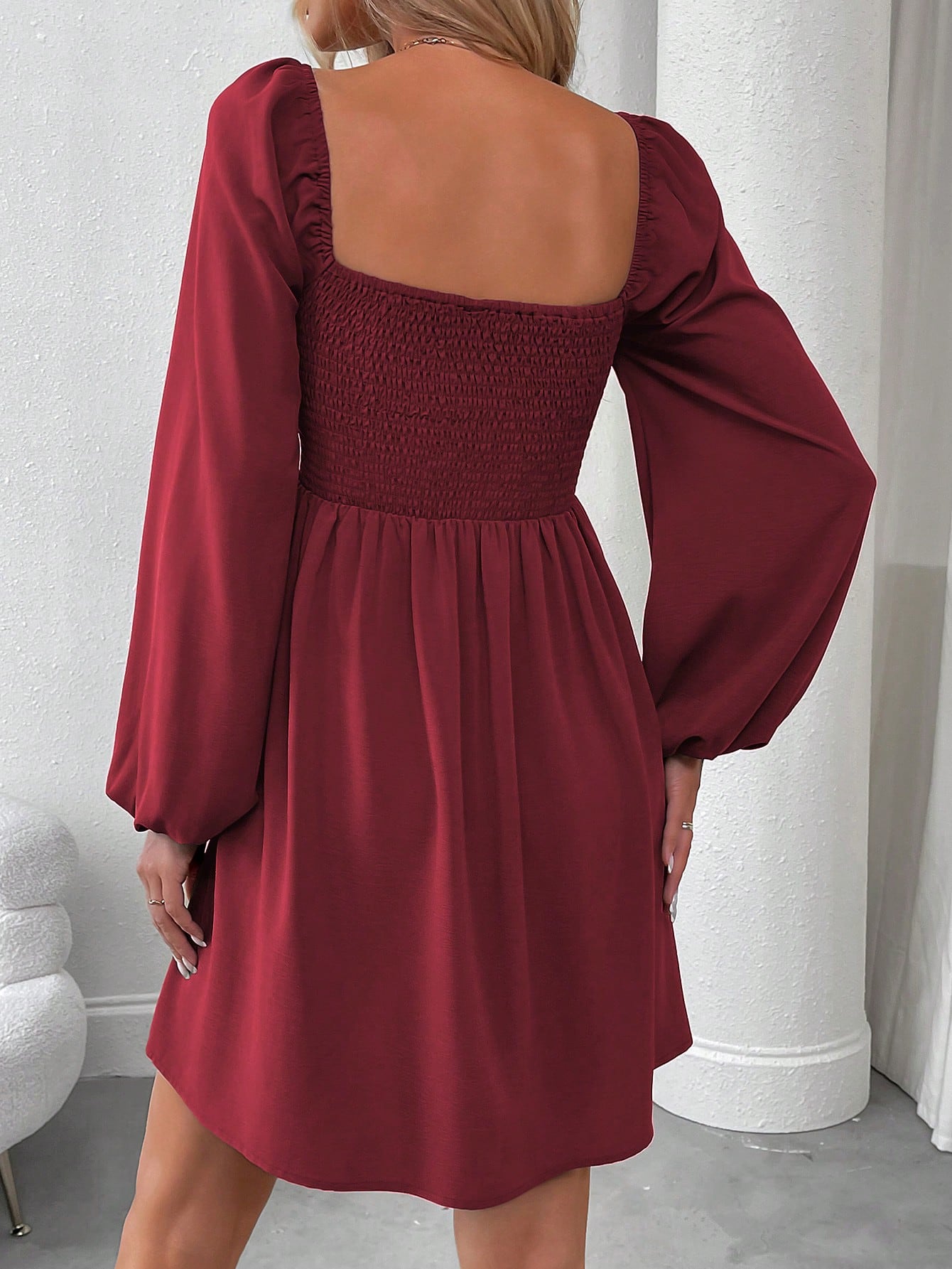 SHEIN LUNE Women Casual Solid Color Lantern Sleeve Smocked Waist Dress, Autumn Fall Cloth For Women