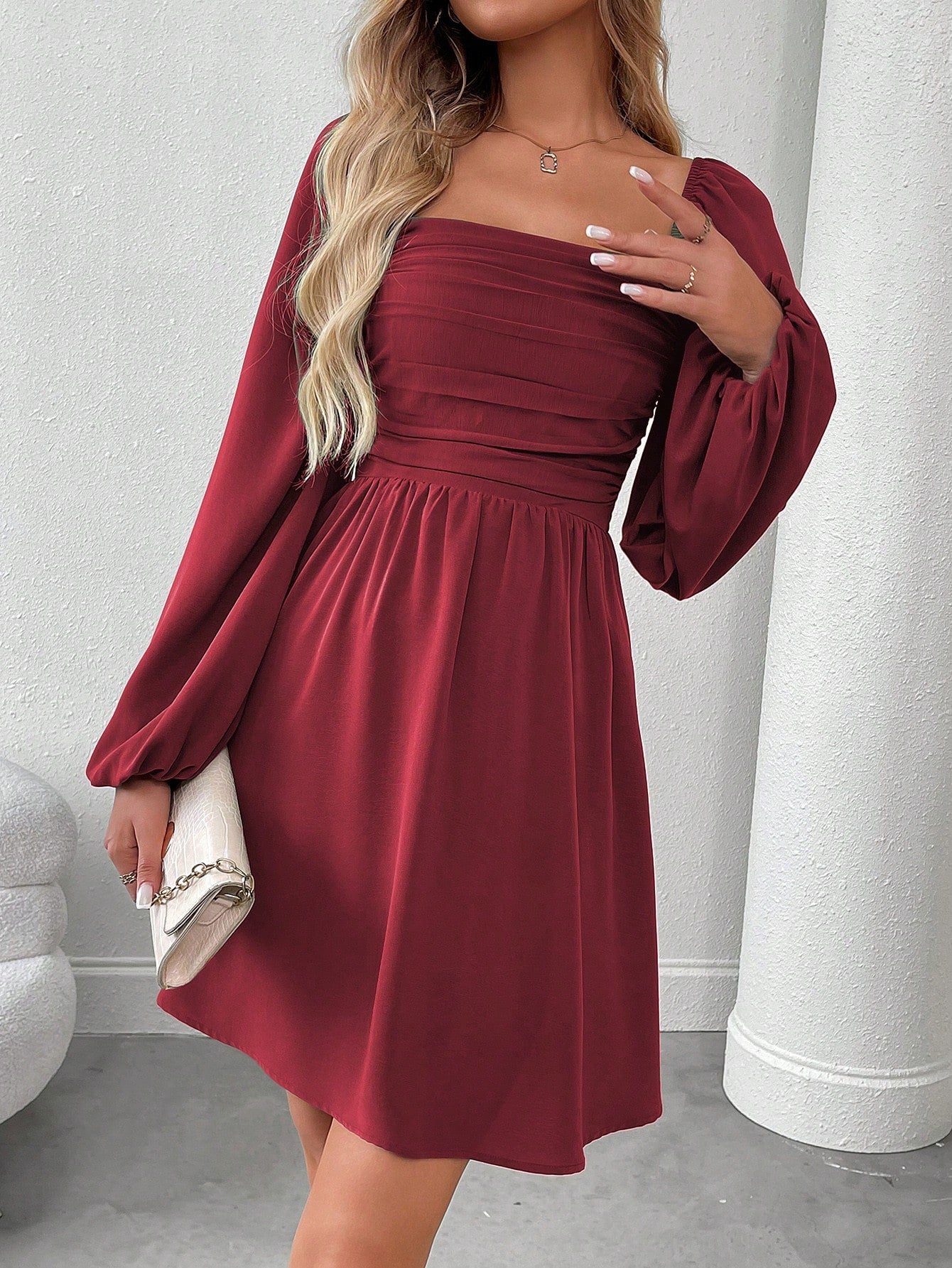 SHEIN LUNE Women Casual Solid Color Lantern Sleeve Smocked Waist Dress, Autumn Fall Cloth For Women