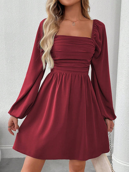 SHEIN LUNE Women Casual Solid Color Lantern Sleeve Smocked Waist Dress, Autumn Fall Cloth For Women