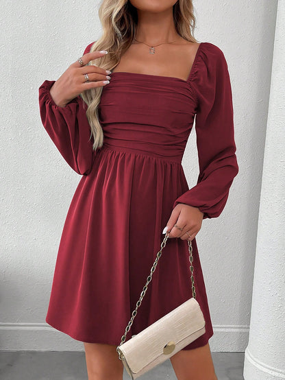 SHEIN LUNE Women Casual Solid Color Lantern Sleeve Smocked Waist Dress, Autumn Fall Cloth For Women