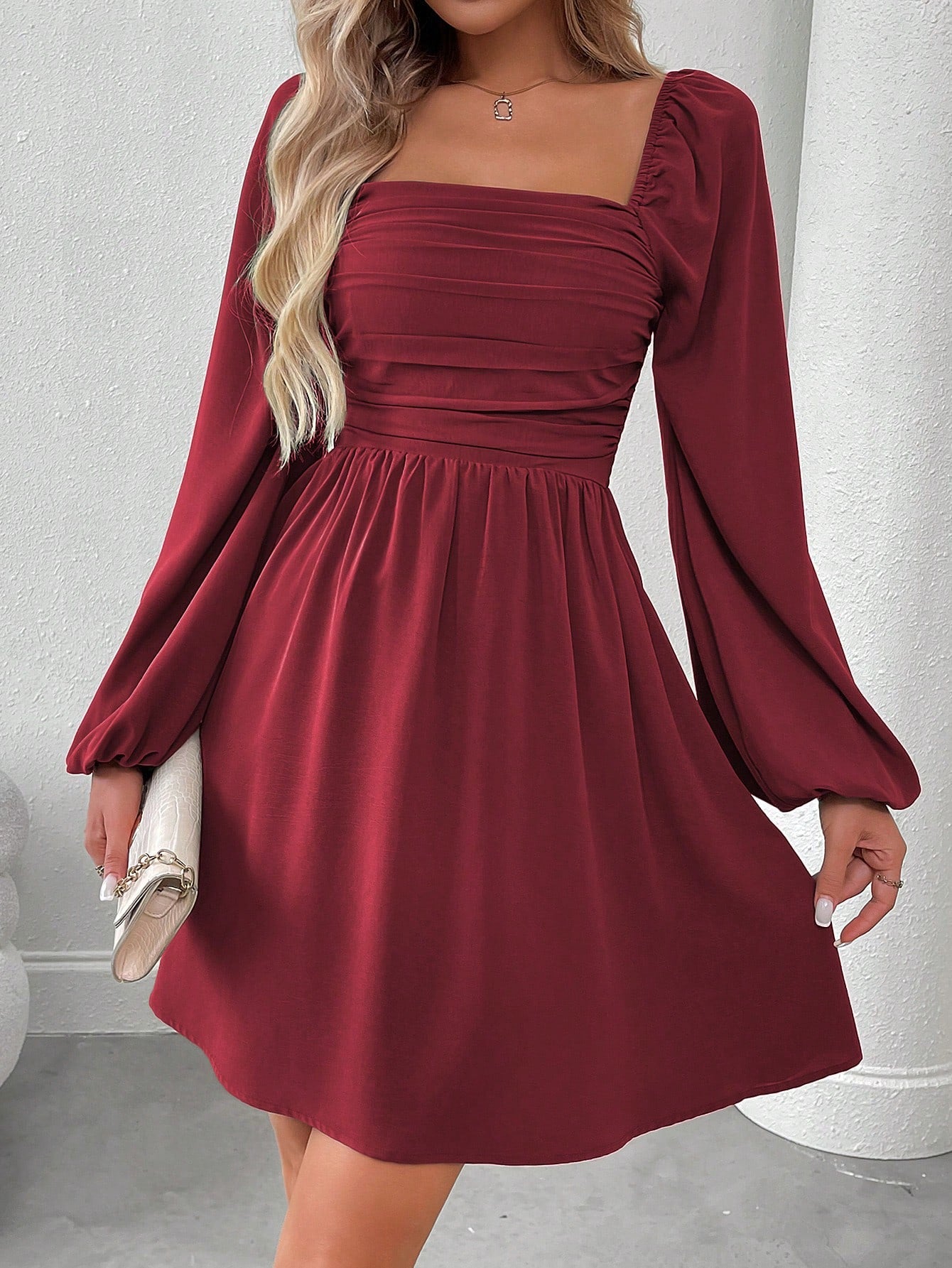 SHEIN LUNE Women Casual Solid Color Lantern Sleeve Smocked Waist Dress, Autumn Fall Cloth For Women