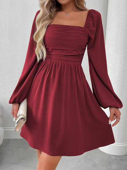 SHEIN LUNE Women Casual Solid Color Lantern Sleeve Smocked Waist Dress, Autumn Fall Cloth For Women