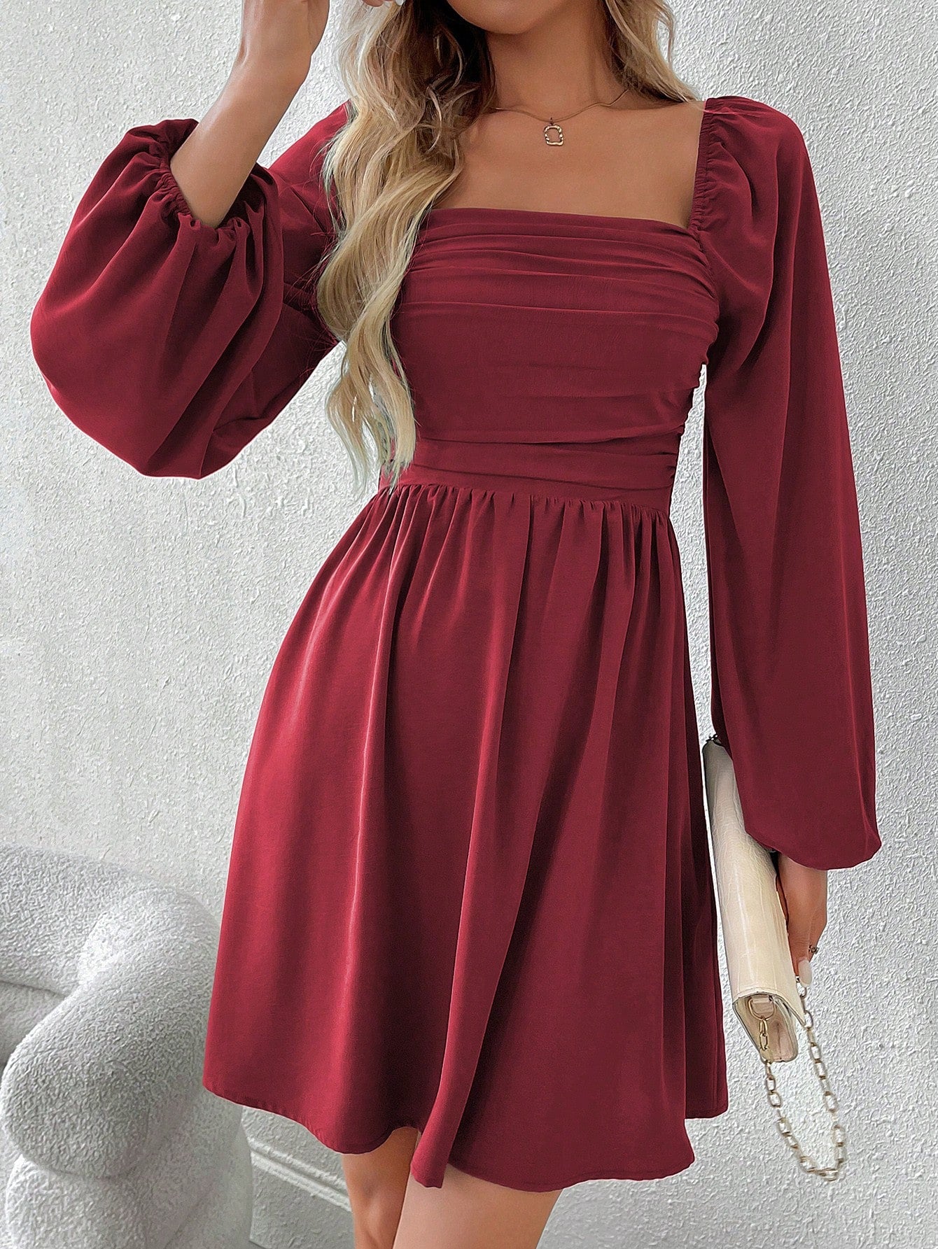 SHEIN LUNE Women Casual Solid Color Lantern Sleeve Smocked Waist Dress, Autumn Fall Cloth For Women