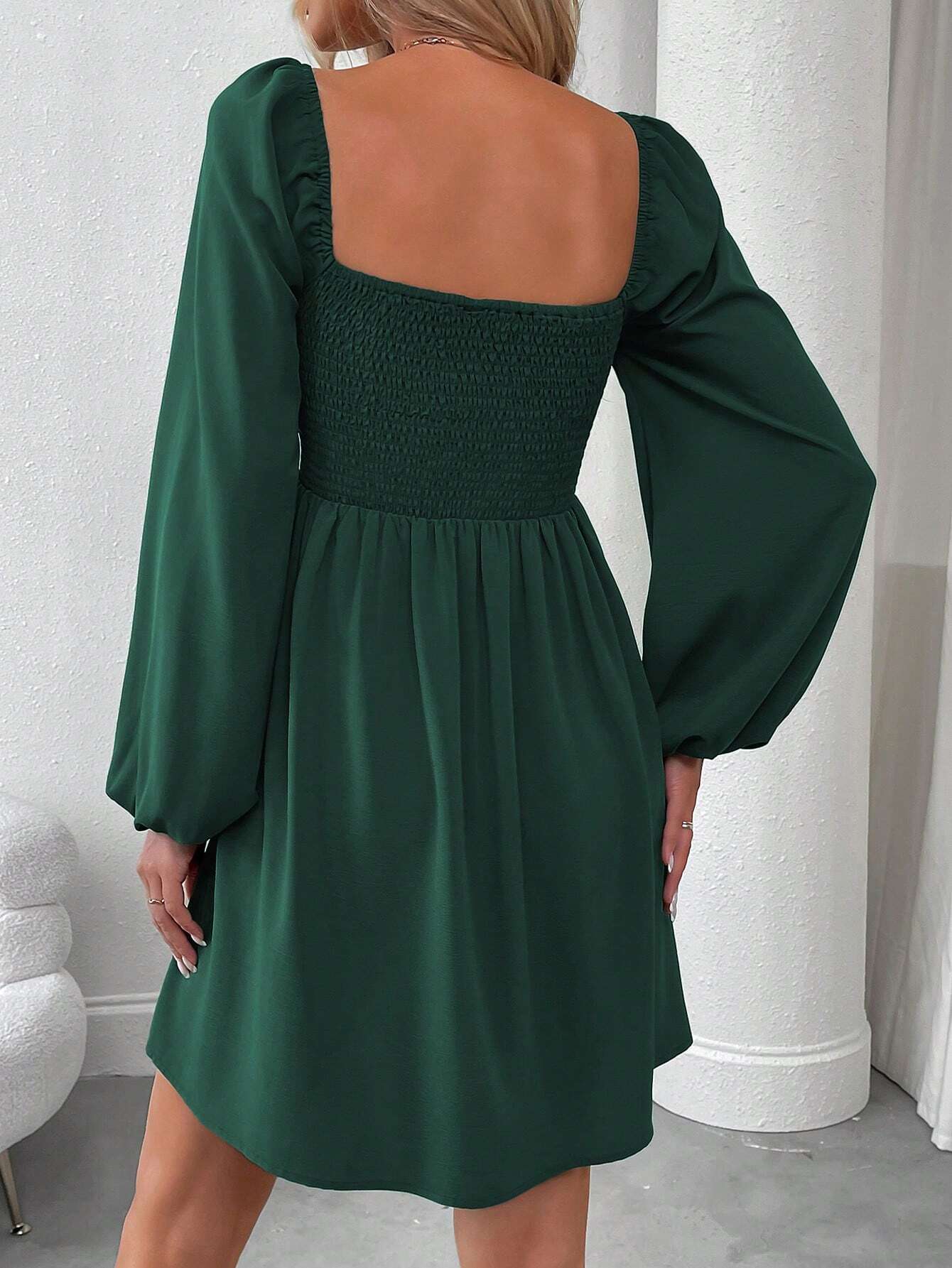 SHEIN LUNE Women Casual Solid Color Lantern Sleeve Smocked Waist Dress, Autumn Fall Cloth For Women