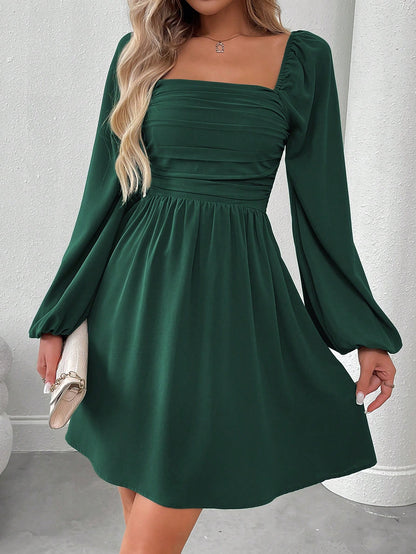 SHEIN LUNE Women Casual Solid Color Lantern Sleeve Smocked Waist Dress, Autumn Fall Cloth For Women