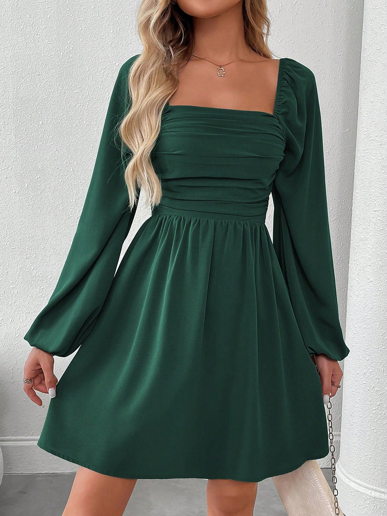 SHEIN LUNE Women Casual Solid Color Lantern Sleeve Smocked Waist Dress, Autumn Fall Cloth For Women