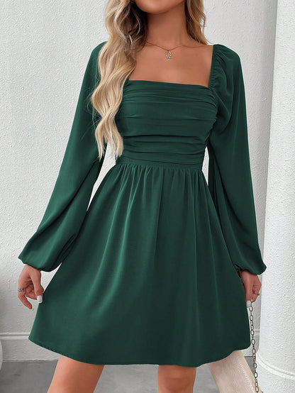 SHEIN LUNE Women Casual Solid Color Lantern Sleeve Smocked Waist Dress, Autumn Fall Cloth For Women