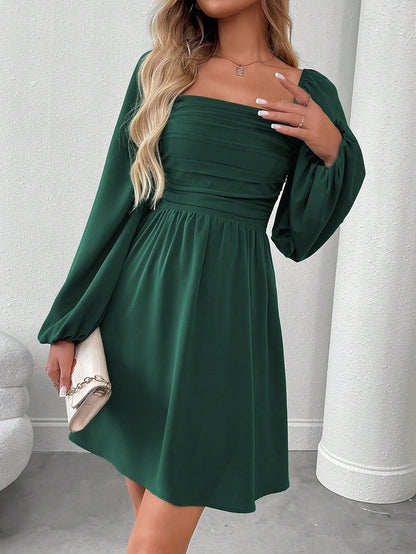 SHEIN LUNE Women Casual Solid Color Lantern Sleeve Smocked Waist Dress, Autumn Fall Cloth For Women