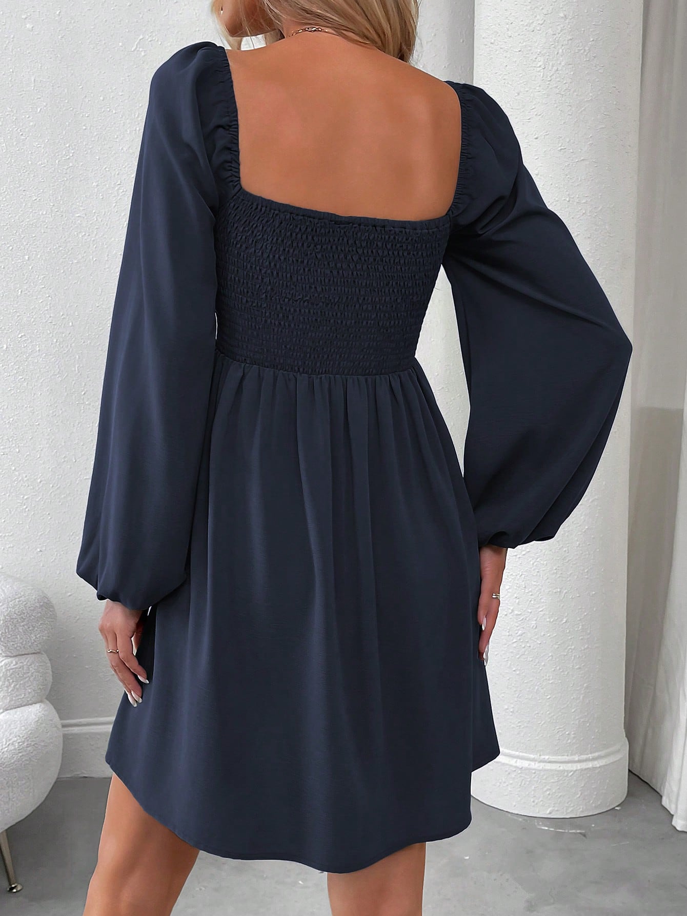 SHEIN LUNE Women Casual Solid Color Lantern Sleeve Smocked Waist Dress, Autumn Fall Cloth For Women