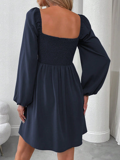 SHEIN LUNE Women Casual Solid Color Lantern Sleeve Smocked Waist Dress, Autumn Fall Cloth For Women