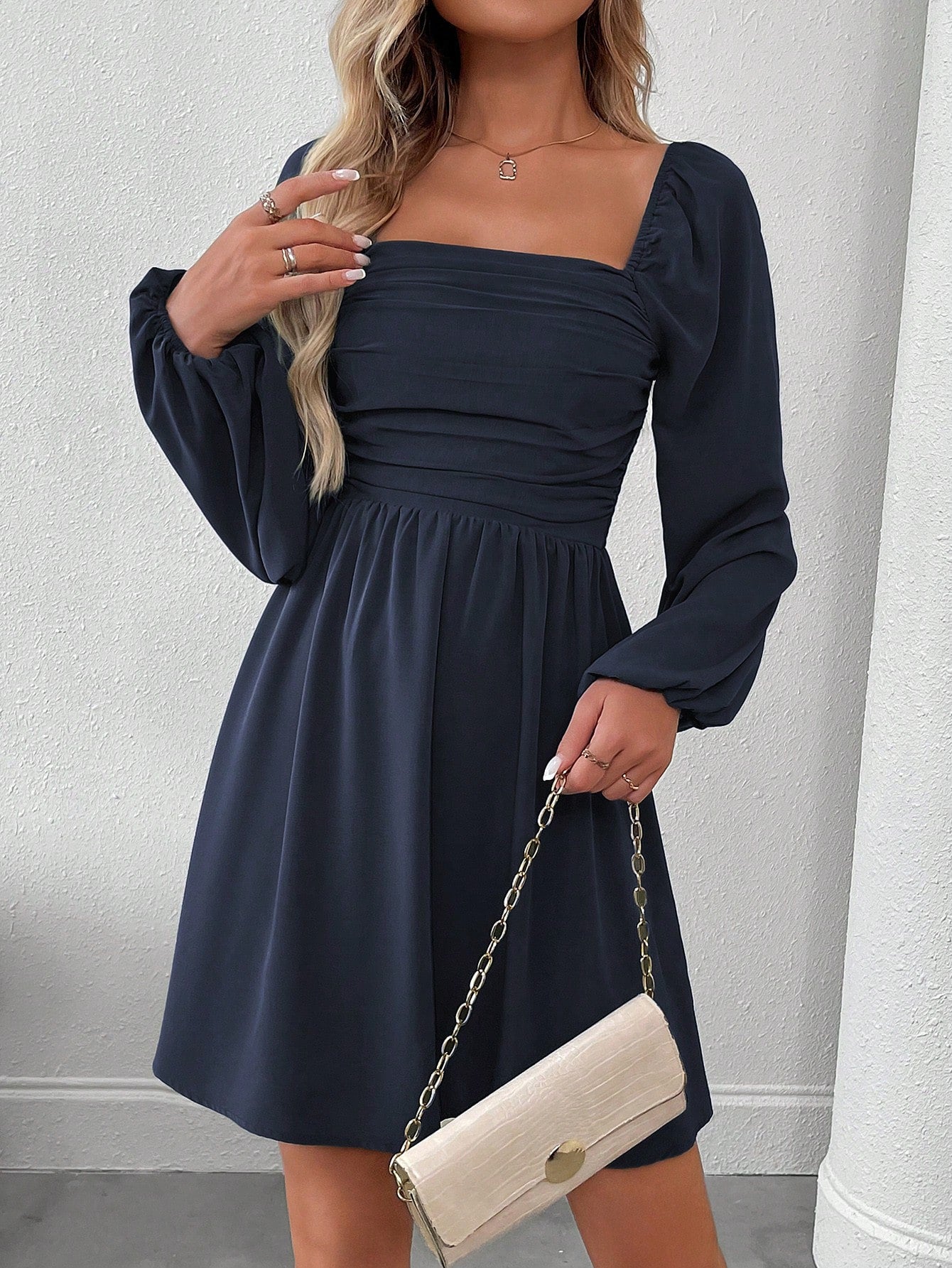 SHEIN LUNE Women Casual Solid Color Lantern Sleeve Smocked Waist Dress, Autumn Fall Cloth For Women