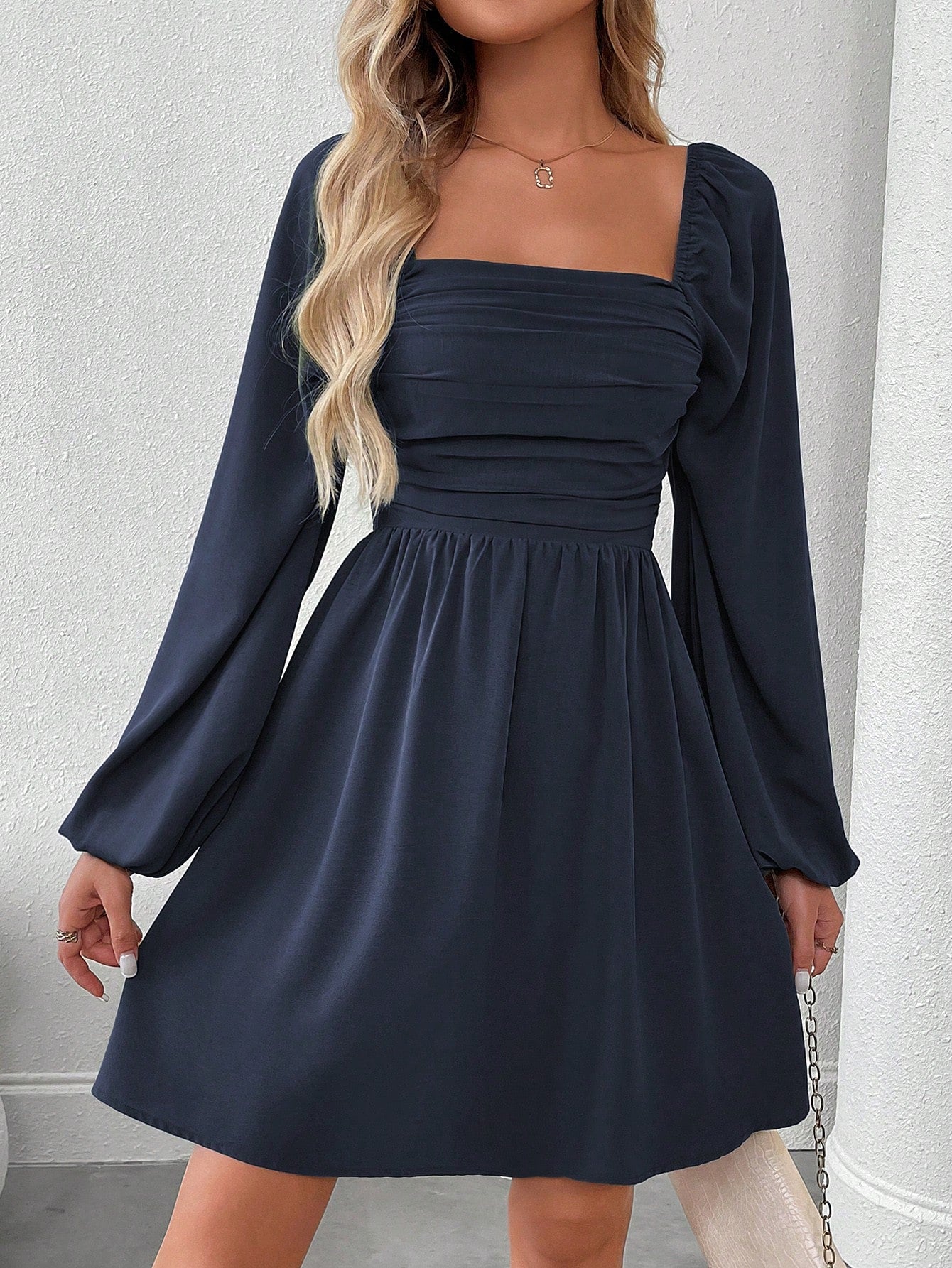 SHEIN LUNE Women Casual Solid Color Lantern Sleeve Smocked Waist Dress, Autumn Fall Cloth For Women