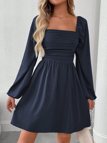 SHEIN LUNE Women Casual Solid Color Lantern Sleeve Smocked Waist Dress, Autumn Fall Cloth For Women