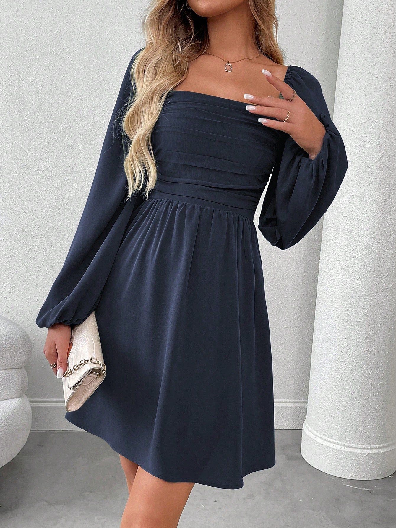 SHEIN LUNE Women Casual Solid Color Lantern Sleeve Smocked Waist Dress, Autumn Fall Cloth For Women