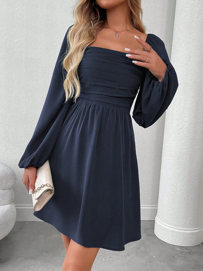 SHEIN LUNE Women Casual Solid Color Lantern Sleeve Smocked Waist Dress, Autumn Fall Cloth For Women