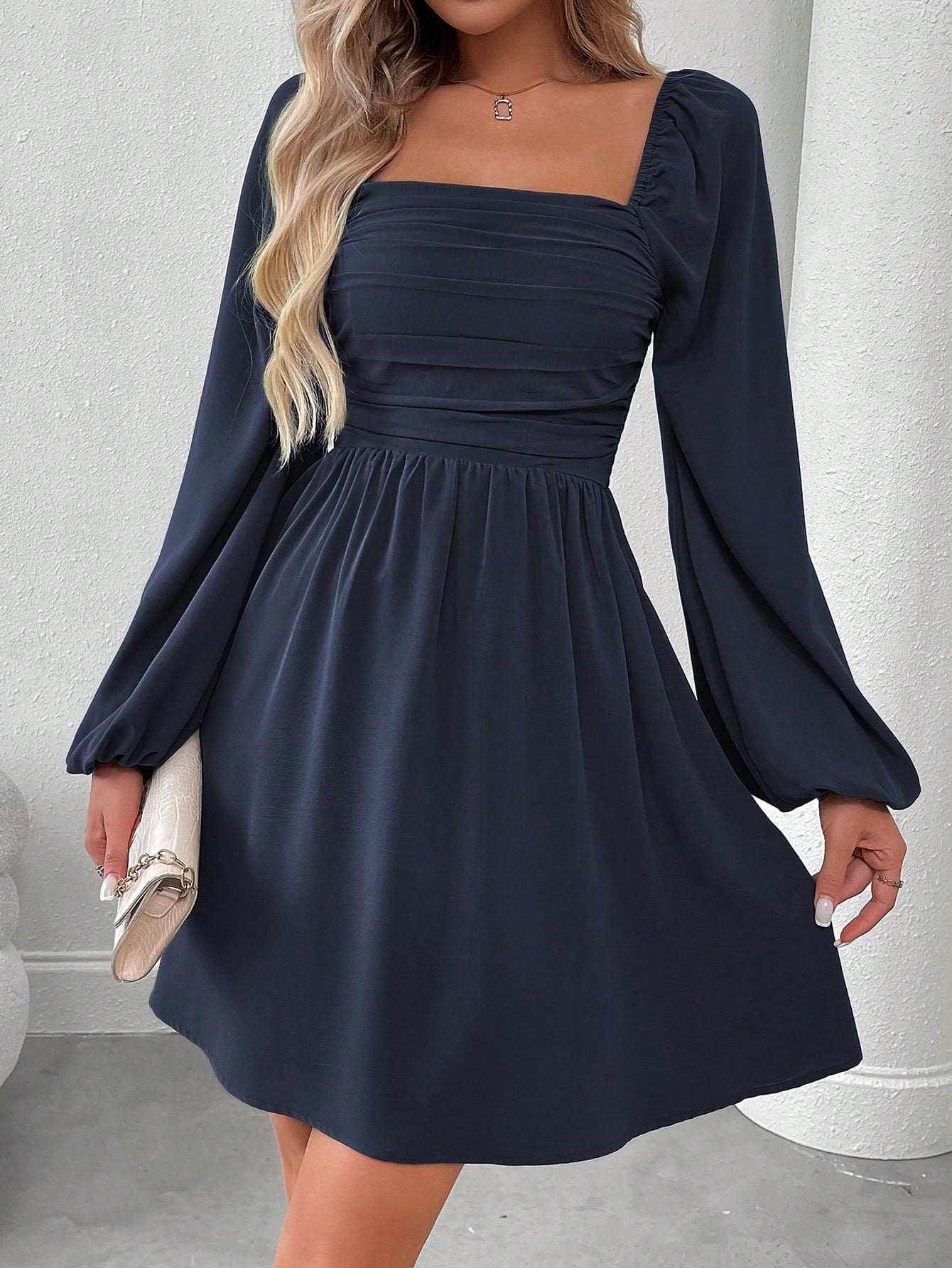 SHEIN LUNE Women Casual Solid Color Lantern Sleeve Smocked Waist Dress, Autumn Fall Cloth For Women