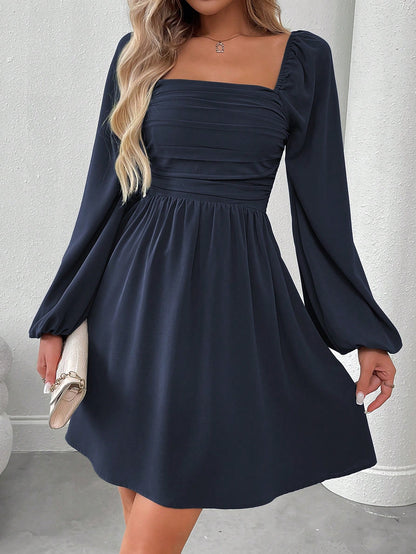 SHEIN LUNE Women Casual Solid Color Lantern Sleeve Smocked Waist Dress, Autumn Fall Cloth For Women