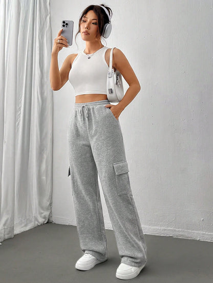 Flirla Flap Pocket Side Drawstring Waist Sweatpants Graduation,Back To School Outfits,Graduation,Teacher Outfits For Women,Back To School Fall Cloth For Women