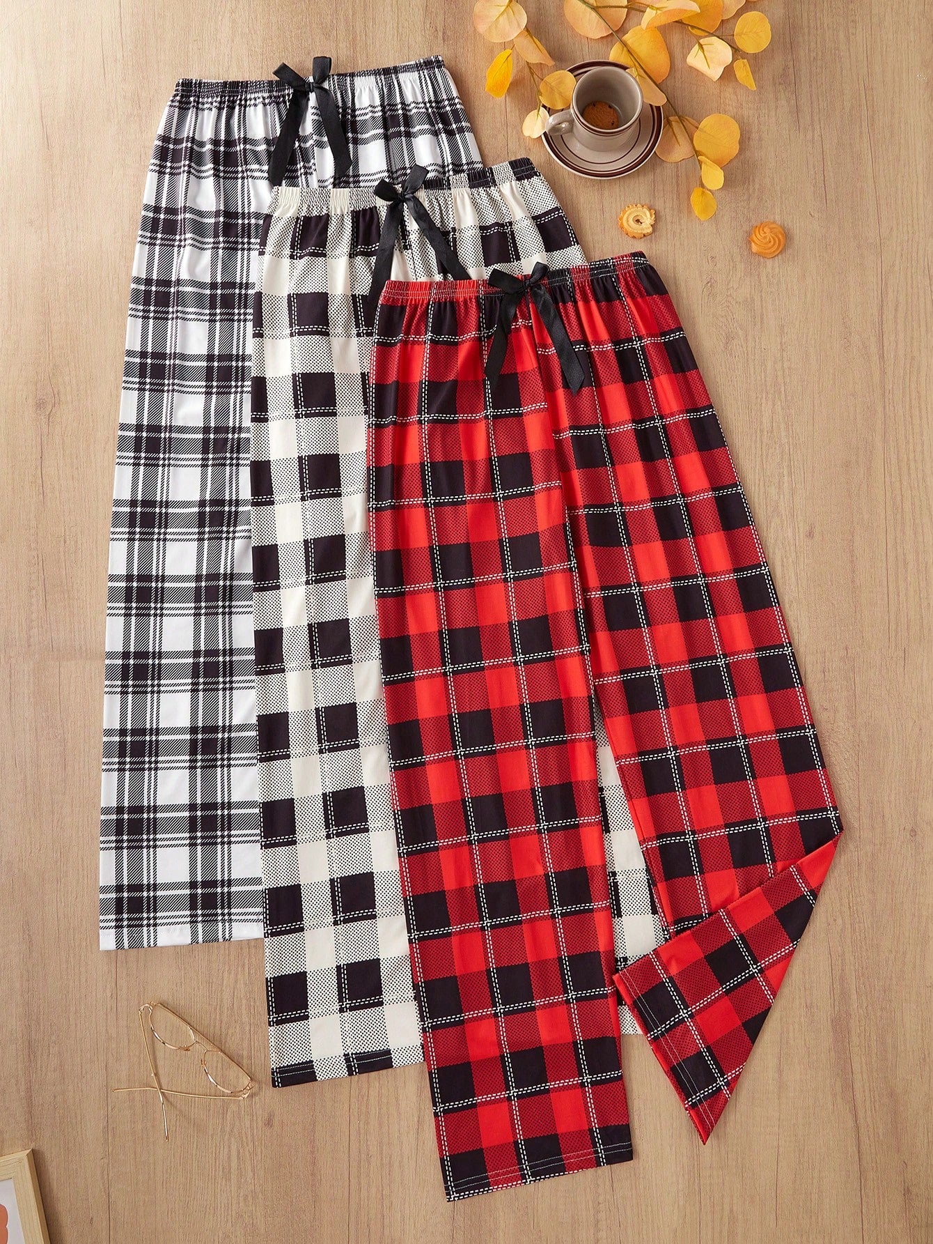 3pcs Women's Casual Plaid Print Pajama Pants With Bow Waist Decor Bow Tie