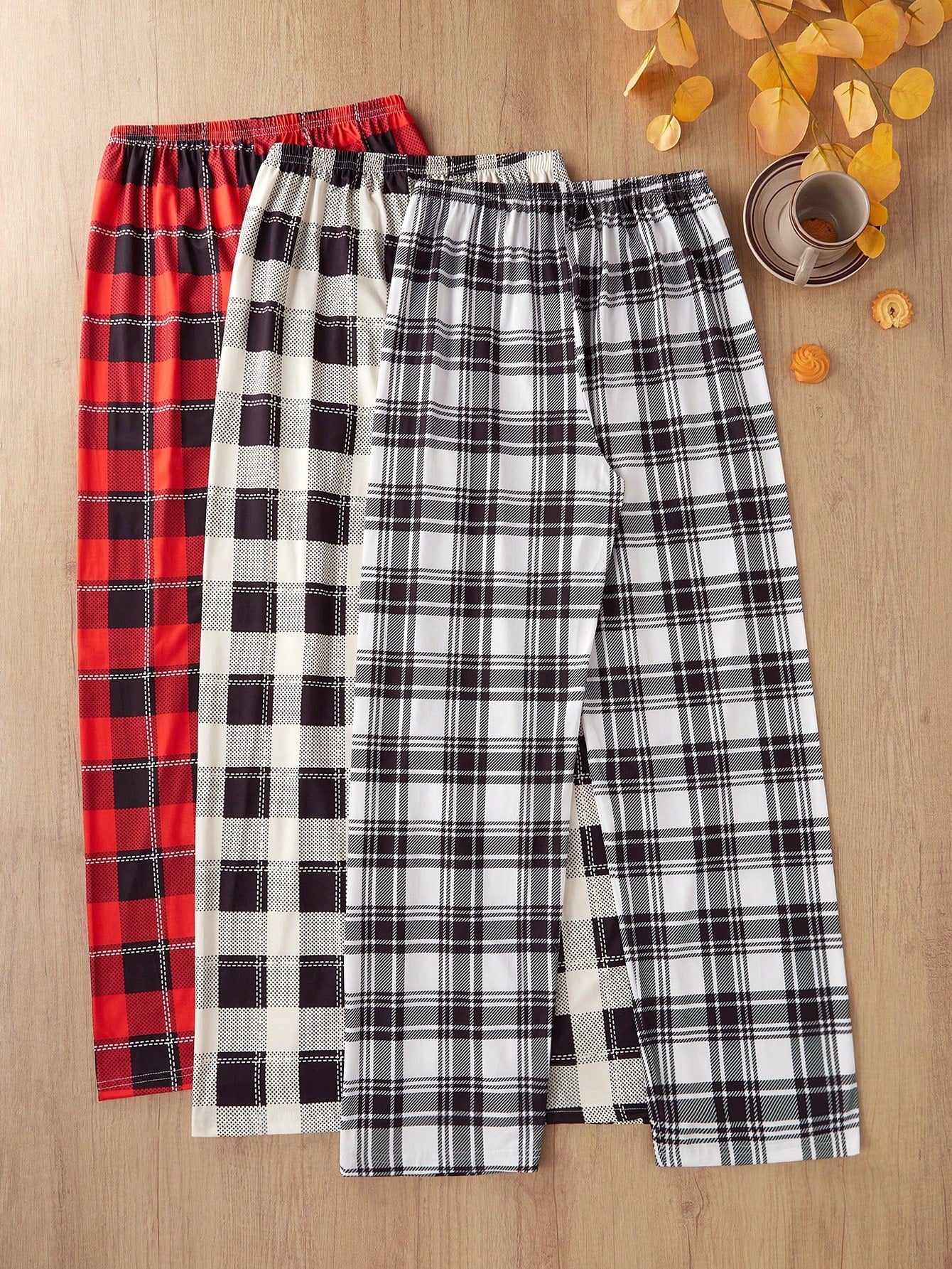3pcs Women's Casual Plaid Print Pajama Pants With Bow Waist Decor Bow Tie
