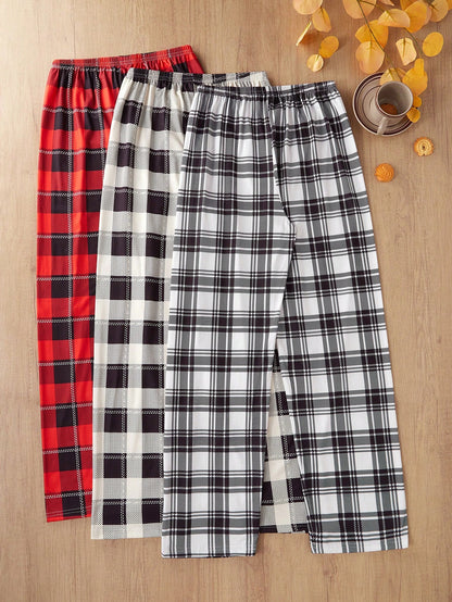 3pcs Women's Casual Plaid Print Pajama Pants With Bow Waist Decor Bow Tie