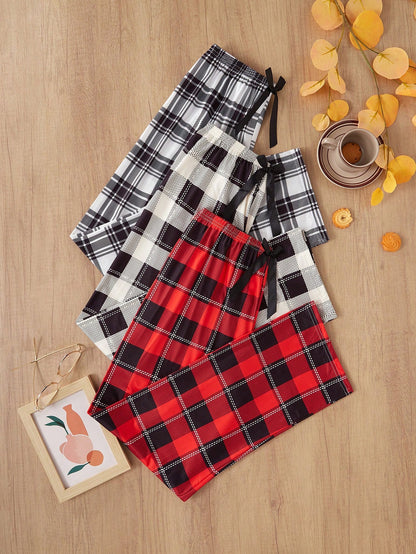 3pcs Women's Casual Plaid Print Pajama Pants With Bow Waist Decor Bow Tie