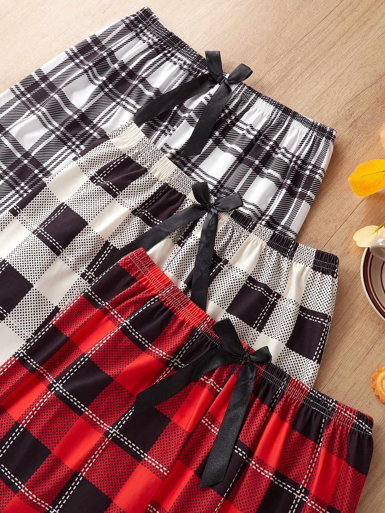 3pcs Women's Casual Plaid Print Pajama Pants With Bow Waist Decor Bow Tie
