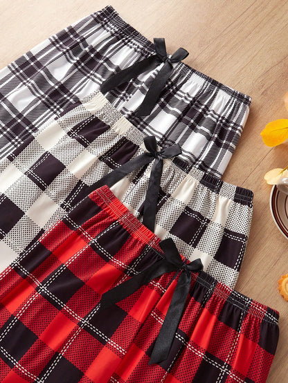 3pcs Women's Casual Plaid Print Pajama Pants With Bow Waist Decor Bow Tie