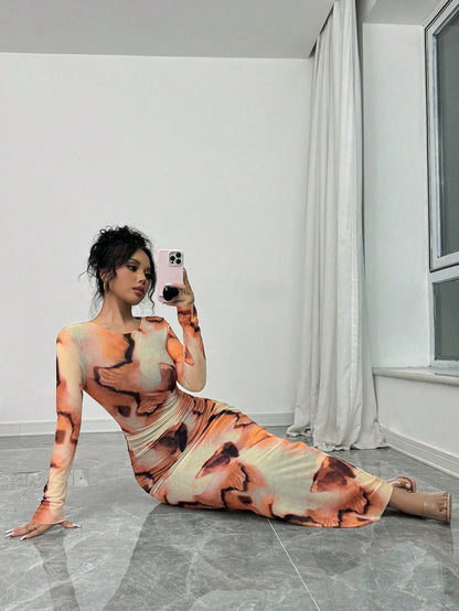 Elenzga Elegant Gradient Long Sleeve Slim Fit Women's Dress Fall Cloth For Women