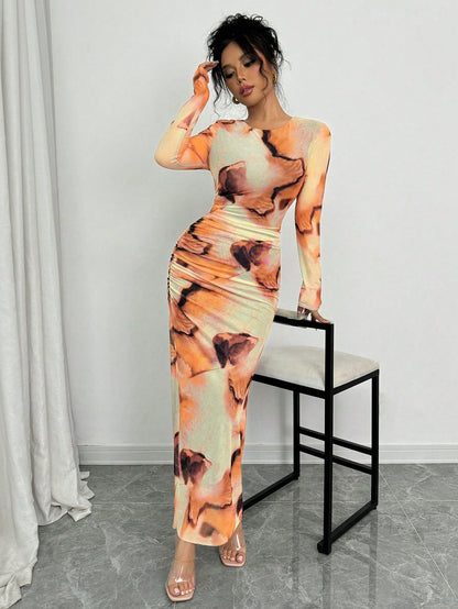 Elenzga Elegant Gradient Long Sleeve Slim Fit Women's Dress Fall Cloth For Women