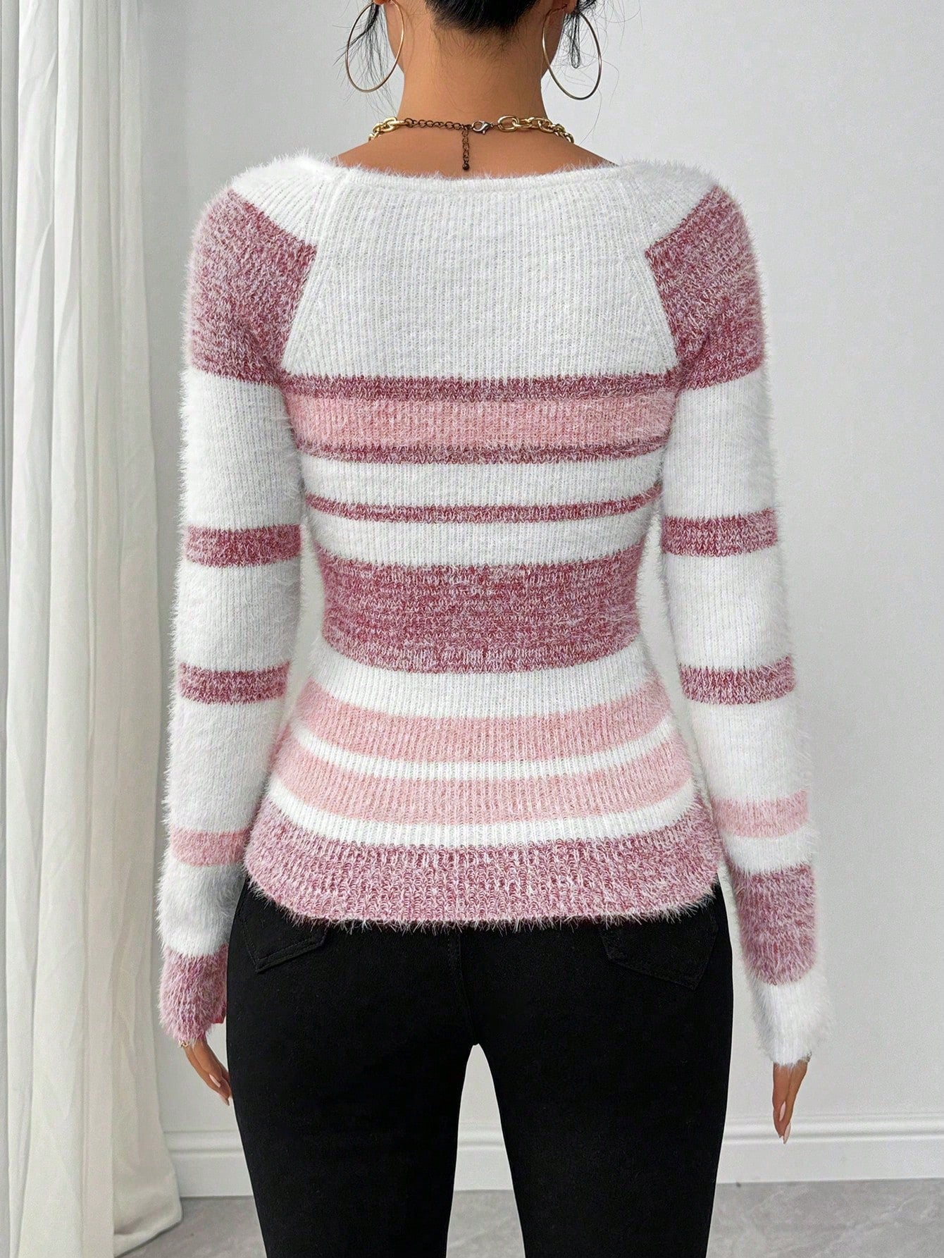 Chiquease Women Striped Minimalist Pullover Sweater, Casual Daily Wear,Long Sleeve Tops Knit Pullover Fall Winter Outfit