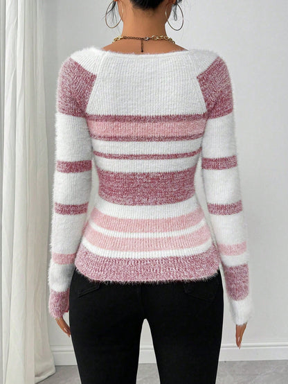 Chiquease Women Striped Minimalist Pullover Sweater, Casual Daily Wear,Long Sleeve Tops Knit Pullover Fall Winter Outfit