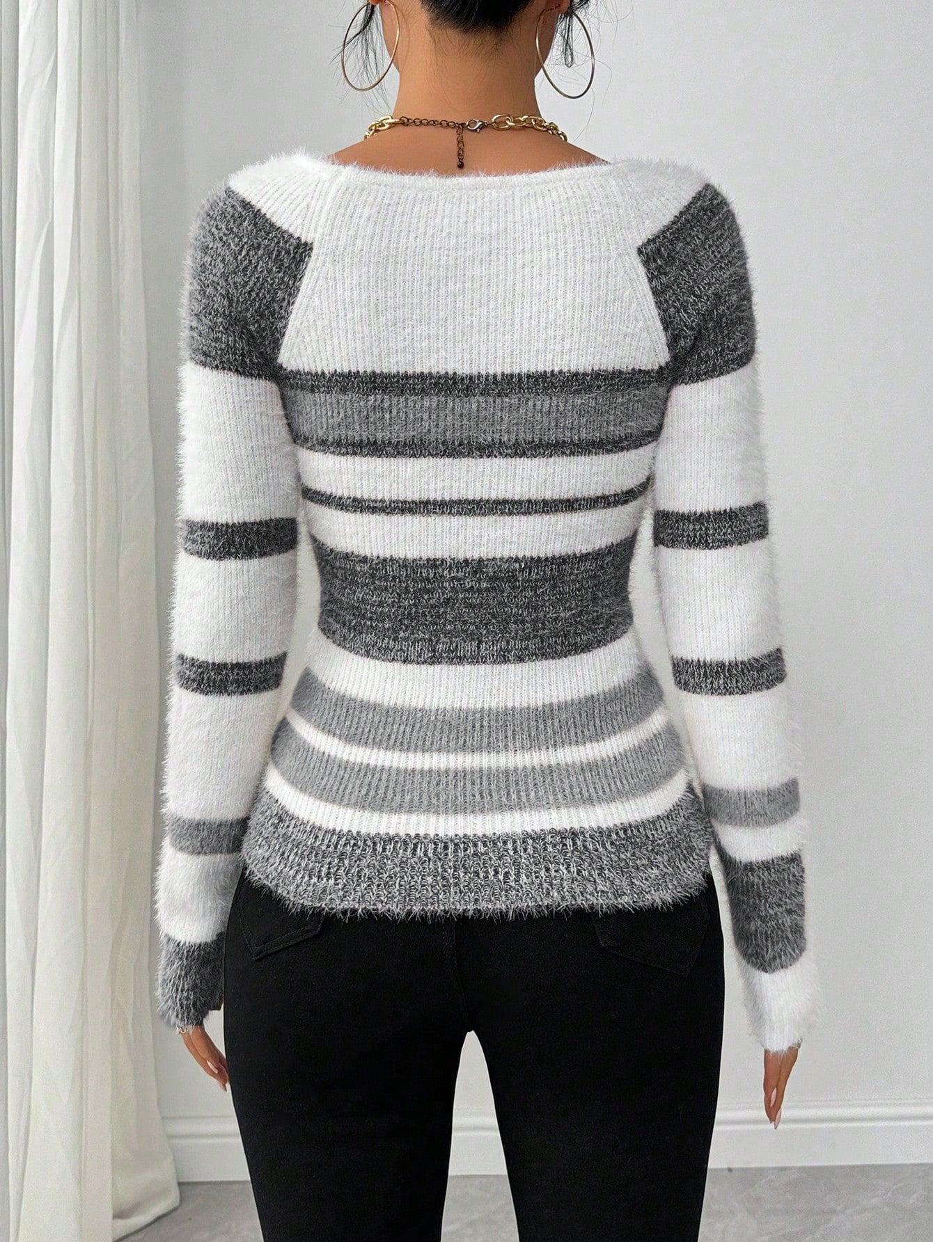 Chiquease Women Striped Minimalist Pullover Sweater, Casual Daily Wear,Long Sleeve Tops Knit Pullover Fall Winter Outfit