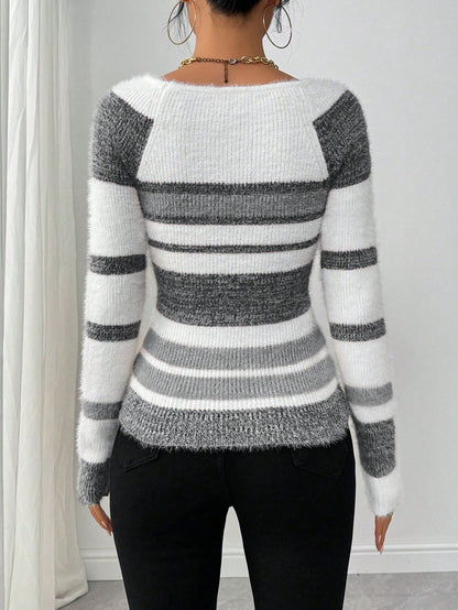 Chiquease Women Striped Minimalist Pullover Sweater, Casual Daily Wear,Long Sleeve Tops Knit Pullover Fall Winter Outfit